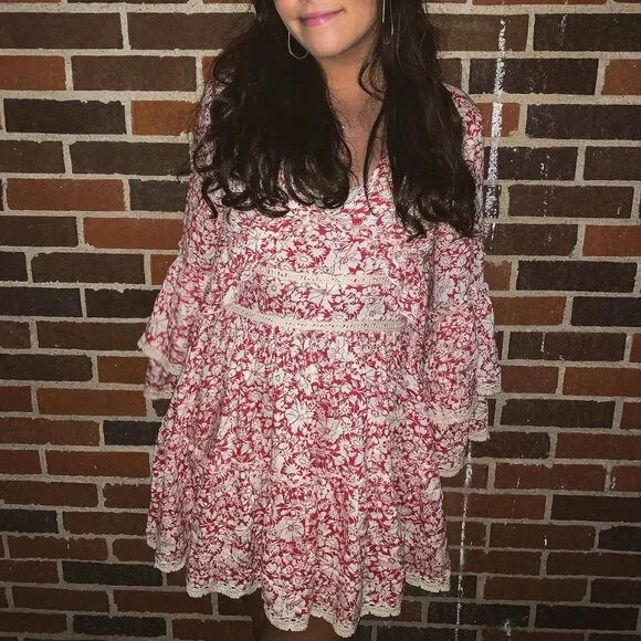 Free People Kristall Berry Red Floral Print Bell Sleeve Mini Dress - Picture 4 of 4